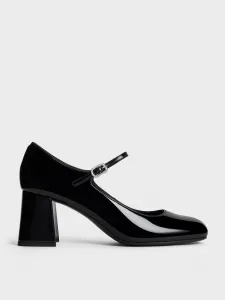 Лакированные туфли-лодочки Мэри Джейн на массивном каблуке Charles & Keith, цвет Black Patent