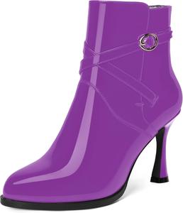Женские ботильоны WAYDERNS с круглым носком, лаковой отделкой, ремешком на щиколотке, пряжкой, высокие каблуки 3,3 дюйма для холодной погоды, Purple