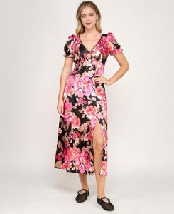 Детское миди-платье с V-образным вырезом, атласными рукавами-фонариками и принтом Crystal Doll, Black/pink