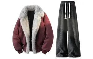 Повседневная спортивная одежда унисекс с воротником стойкой, утепленная и с флисовой подкладкой X1617, красный puffer jacket+черный fleece-lined pants