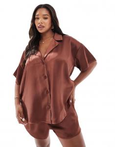 Коричневая атласная рубашка с короткими рукавами от ASOS DESIGN Curve Asos Curve