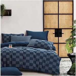 YUSIWOAL Комплект постельного белья из стираного хлопка жаккард в клетку Blu