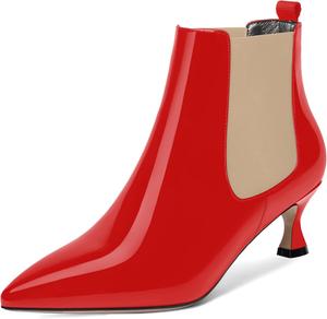 Женские офисные ботильоны WAYDERNS с острым носком, милой резинкой, лакированной поверхностью, низким каблуком-китен 2 дюйма, Beige Red