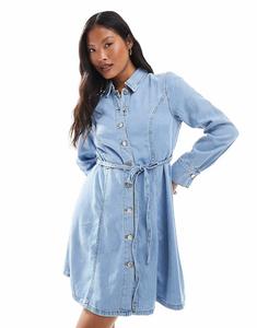 JDY Petite - Короткое джинсовое платье светло-голубого цвета с завязкой на талии