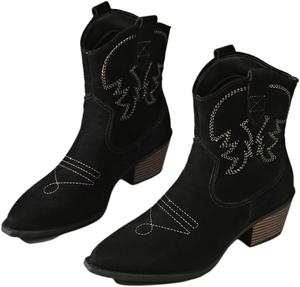 Женские западные ковбойские сапоги, верх из вышитой кожи, каблук, модные ботильоны с заостренным носком AnnabaFanny, Black