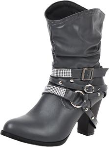 Женские ботильоны с ремешком и стразами, низкий каблук, модный толстый каблук, массивный каблук, ботильоны на низком каблуке в западном стиле DIYCAM, Grey