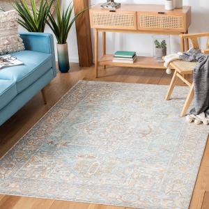 Ковер SAFAVIEH, 92 x 153 см,  Aria Collection, Aqua & Beige, дизайн Oriental Medallion Distressed, не линяет и прост в уходе, идеален для помещений с высокой проходимостью: прихожая, гостиная, спальня (ARA580J)