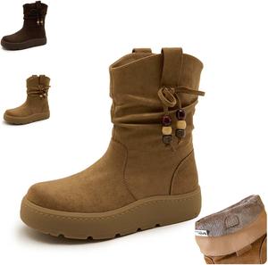 Женские ботильоны на платформе с массивным каблуком, без застежек, с круглым носком, толстой подошвой, из искусственной замши с подвеской-бантом, для зимы и осени, повседневные Generic, Khaki-Plush Lined