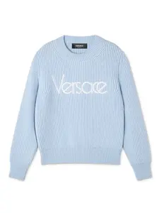 Джемпер в рубчик с вышитым логотипом Versace Kids, синий