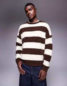 Объемный вязаный джемпер в полоску коричневого и бежевого цветов Asos Design