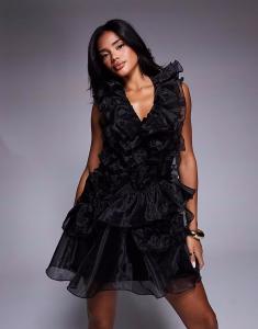 Мини-платье с корсажем и оборками из органзы ASOS LUXE черного цвета