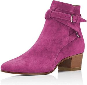 Женские ботинки YDN с низким каблуком из замши в стиле ковбой с пряжкой, на высокой щиколотке, Fuchsia