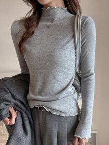 Женский топ с фестончатым высоким воротником и ребристой текстурой, сшитый по фигуре Doux Belle, цвет Light Gray