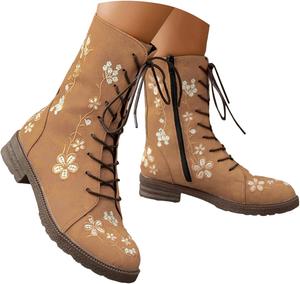 Женские боевые ботинки Hbeylia с вышивкой цветов, круглым носком, военные, на шнуровке, кожаные, с низким каблуком, ботильоны 2025, плоские повседневные, с молнией, средней высоты, короткие, коричневый