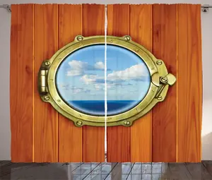 Винтажная штора в деревенском стиле ABAKUHAUS, дизайн "Корабль", для спальни, с присборенной лентой, петлями и крючками, 280 x 225 см, цвет: оранжевый, золотой, светло-голубой Abakuhaus