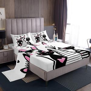 Erosebridal Комплект постельного белья Kawaii с милыми котиками и кроликами в розовом цвете, Black Pink White