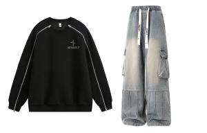 Повседневный спортивный свитер Unisex с круглой горловиной Moderate X1617, черный top+синий pants