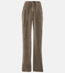 Прямые брюки из хлопкового бархата со средней посадкой Brunello Cucinelli, зеленый