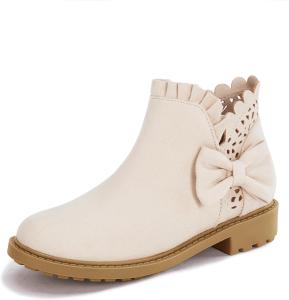 Ботильоны для девочек Coutgo с бантом, с рюшами и массивным каблуком, с классической боковой молнией, для малышей и старших детей, Beige