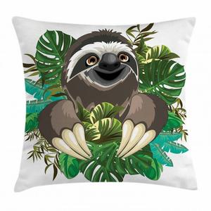 Чехол на подушку ABAKUHAUS Sloth, мультфильм «Джунгли млекопитающих», цифровая печать, моющийся, цветная наволочка, молния, двусторонняя печать, 50 x 50 см, шоколадно-зеленый цвет слоновой кости