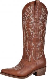 Женские ковбойские сапоги Richealnana в западном стиле с острым носком, вышивкой и застежкой-пуллоном, выше колена, Brown-B