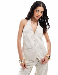 Льняной смесовый жилет, приталенный, с завязками на спине, в бежевую полоску 4Th & Reckless