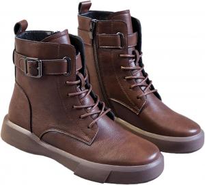 Женские ботинки на платформе из натуральной кожи с шнуровкой, боевой стиль, ретро с круглым носком, высокие, с пряжкой, мягкая подошва, противоскользящие, с боковой молнией, утепленные, с плюшевой подкладкой, теплые зимние ботинки EGGDK, Brown