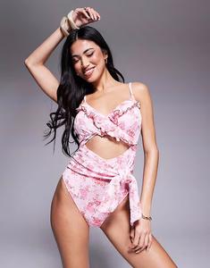 Купальник-обертка River Island с вышивкой и принтом в мелкий цвет, светло-розовый