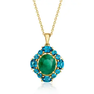 Ожерелье с подвеской Ross-Simons Emerald и London Blue Topaz из 18-каратного золота поверх стерлингового серебра Ross-Simons, 18 In