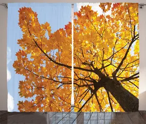 Штора ABAKUHAUS "Дерево в стиле рустик", кленовые листья, падающие осенью, универсальная ленточная штора для гостиной с петлями и крючками, 280 x 225 см, цвет: оранжево-синий