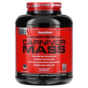 MuscleMeds, Carnivor Mass, анаболический гейнер с говяжьим протеином, клубничный вкус, 2698 г (5,79 фунта)