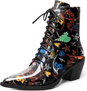 Женские ботильоны Joseywade с низким голенищем, заостренным носком, каблуком средней высоты, на шнуровке и с молнией, каблук 2,5 дюйма, прогулочные и нарядные туфли, Patent Graffiti