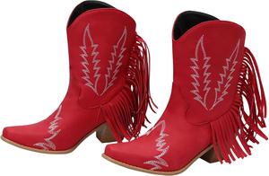 Женские ковбойские сапоги Alyaafifa Western с массивным каблуком, кисточками, закрытым заостренным носком, на широкий голень и удобные для езды, кожаные декоративные сапоги для вечеринок и праздников, Ankle High - Red