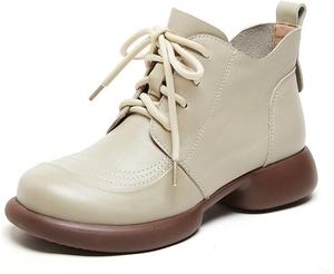 Женские кожаные ботильоны на шнуровке с круглым носком, с боковой молнией, на толстой подошве, легкие повседневные ботинки Generic, Beige