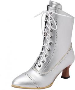 Женские модные ботильоны на шнуровке с острым носком и боковой молнией, короткие ботинки для женщин, удобные, длина стопы от 22 см до 29 см, размеры плюс EU34-EU48/US4-US15 LYYSKY, Silver(7702)