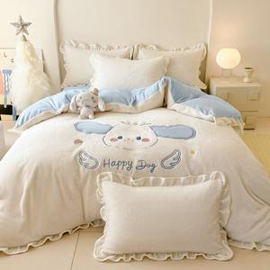 FUANNA Комплект постельного белья 1,5 м, 4 предмета, пододеяльник 200*230 см, двусторонний флис, цвет: молочно-белый и голубой, рисунок: собака с большими ушами