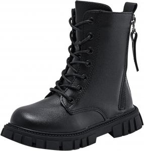 Девочковые боевые ботинки на шнуровке, средние по голени, военные ботильоны, теплые зимние, водонепроницаемые, противоскользящие, модные кожаные рабочие ботинки Generic, Black