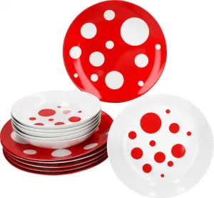 Набор столовых приборов из 12 предметов Pula, красный фарфор в горошек, 6 персон, тарелки для завтрака, тарелки для супа, в горошек MamboCat
