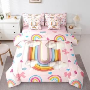 Erosebridal Комплект постельного белья Initial Letter U 7 предметов Full Size Rainbow Alphabet с кавайными бантами и облаками, Rainbow Letter U
