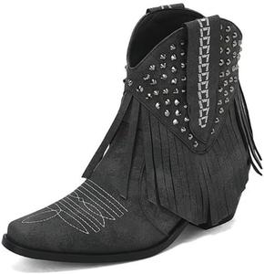 Женские ковбойские ботинки с вышивкой и бахромой, вестерн стильные ботильоны с заклепками, заостренный носок и массивный каблук, ретро-шик короткие ботинки на выход, для путешествий, танцев и повседневной носки Generic, Black