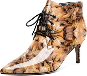 Женские ботильоны Eldof на низком каблуке 2,5 дюйма с заостренным носком, шнуровкой и удобные для прогулок, Patent Floral Brown