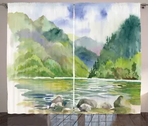 Штора ABAKUHAUS Art Rustic, Летняя река с деревьями, универсальная ленточная штора для гостиной с петлями и крючками, 280 x 225 см, фиолетово-белый и зеленый Abakuhaus