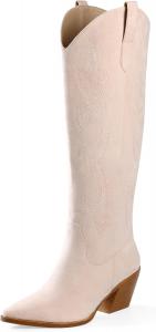 Женские ковбойские сапоги iiimmu, высокие сапоги до колена, с заостренным носком и устойчивым каблуком, замшевые и из искусственной кожи с вышивкой, Pink