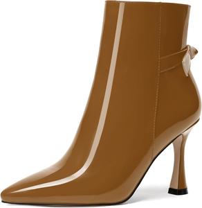 Женские ботильоны FEMSTEP с заостренным носком, повседневные, лакированные, для свиданий, на молнии, на высоком каблуке 3,3 дюйма, Brown