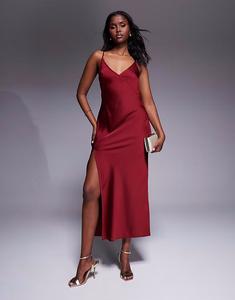 Платье мидакси из атласа ASOS DESIGN с V-образным вырезом и разрезом темно-красного цвета