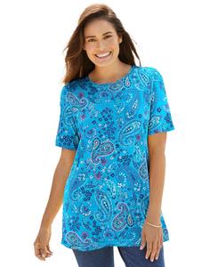 Женская футболка Within Tops & Tees с коротким рукавом и круглым вырезом, с принтом Woman Within, Pretty turquoise paisley
