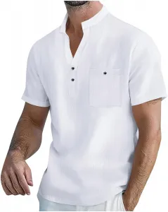 Мужская летняя легкая рубашка из хлопка и льна с коротким рукавом и карманом