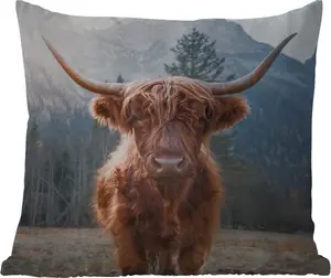 Подушка для улицы - Шотландская горная корова - Корова - Животные - Горы - Природа - 45 x 45 см - Водонепроницаемая - Подушка для отдыха - Подушка с фотографией - Декоративная подушка MuchoWow