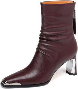 Женские ботильоны TinaCus с открытым носком, из натуральной кожи с складками, ручная работа, средний каблук, с задней молнией, Burgundy
