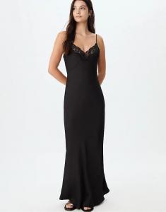 Длинное атласное платье-комбинация Stradivarius черного цвета